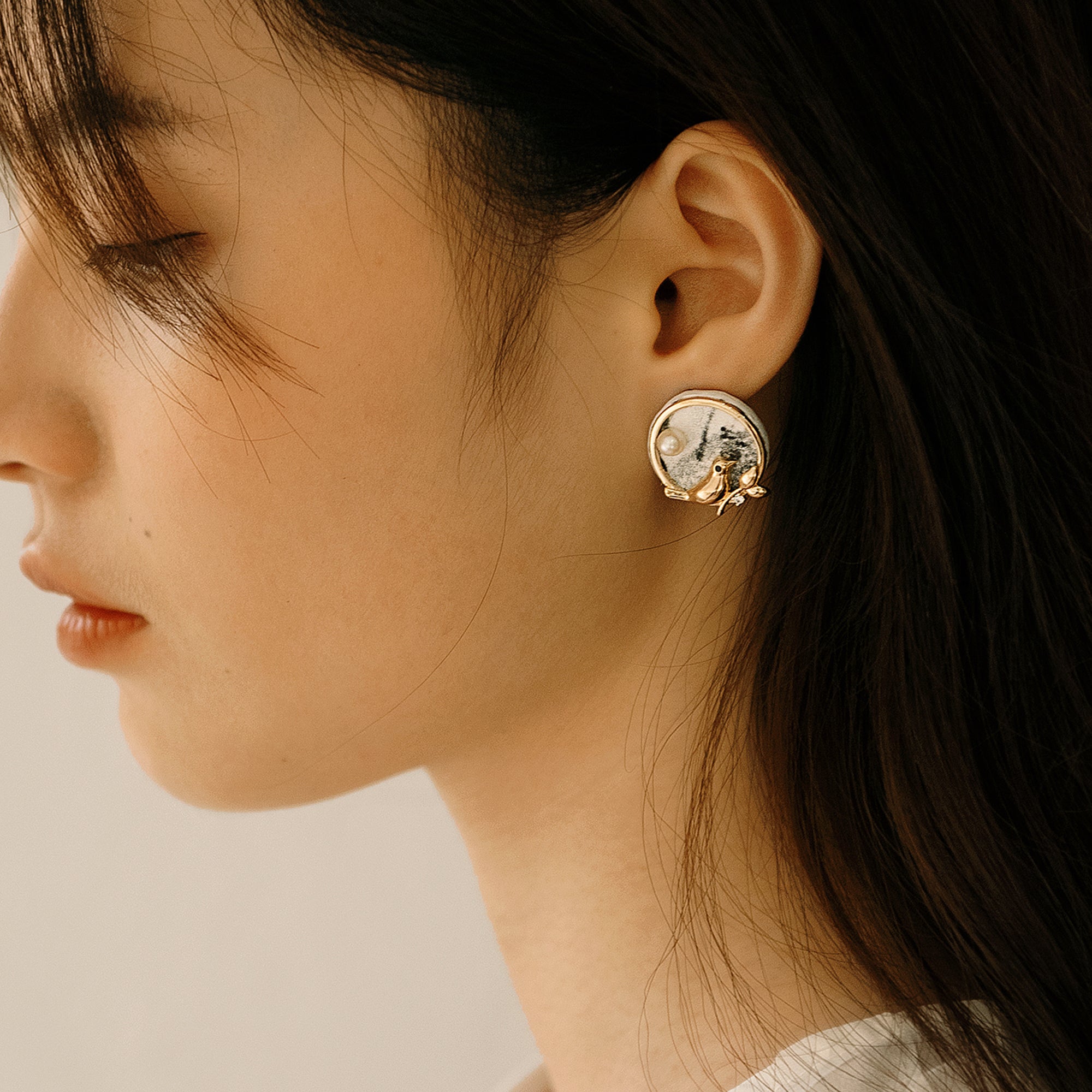 DIY Leather Kits - Bird At the Window Style Earring of Chinese Traditional Ink Painting Pearl